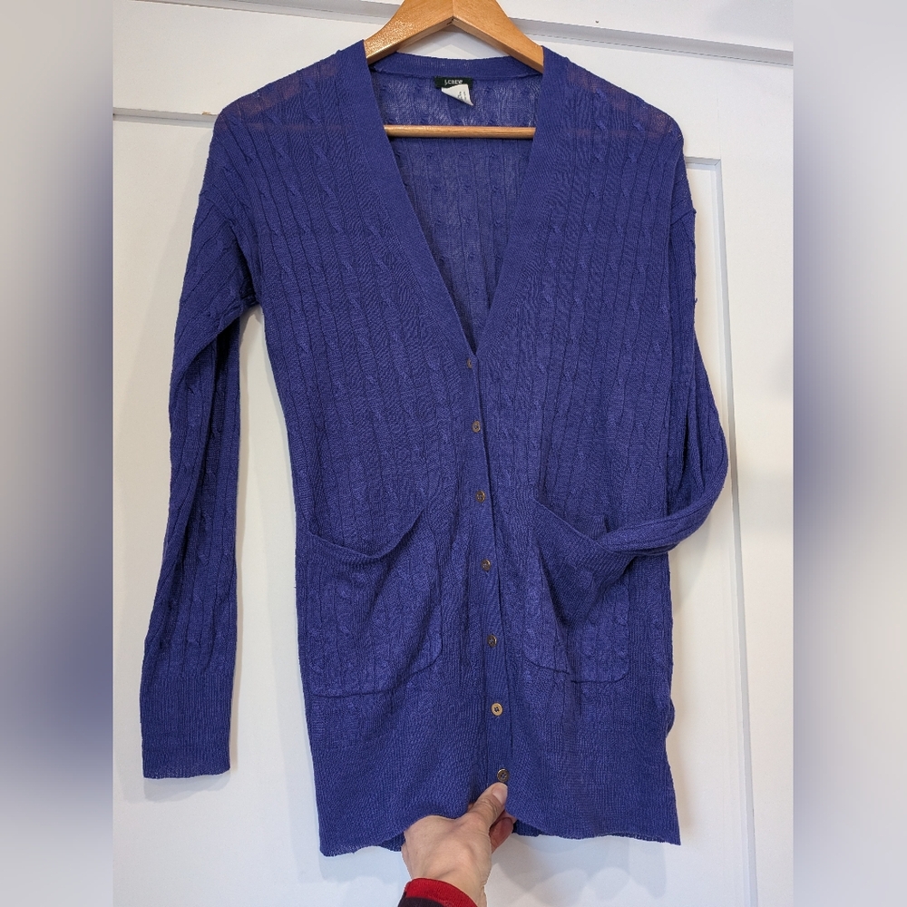 J. CREW 100% Linen V Neck Button Front Purple Long Cardigan Sweater ~ Size XXS